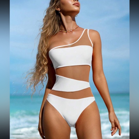 Luxe mesh insert color block one shoulder swimsuit - Picture 13 of 15